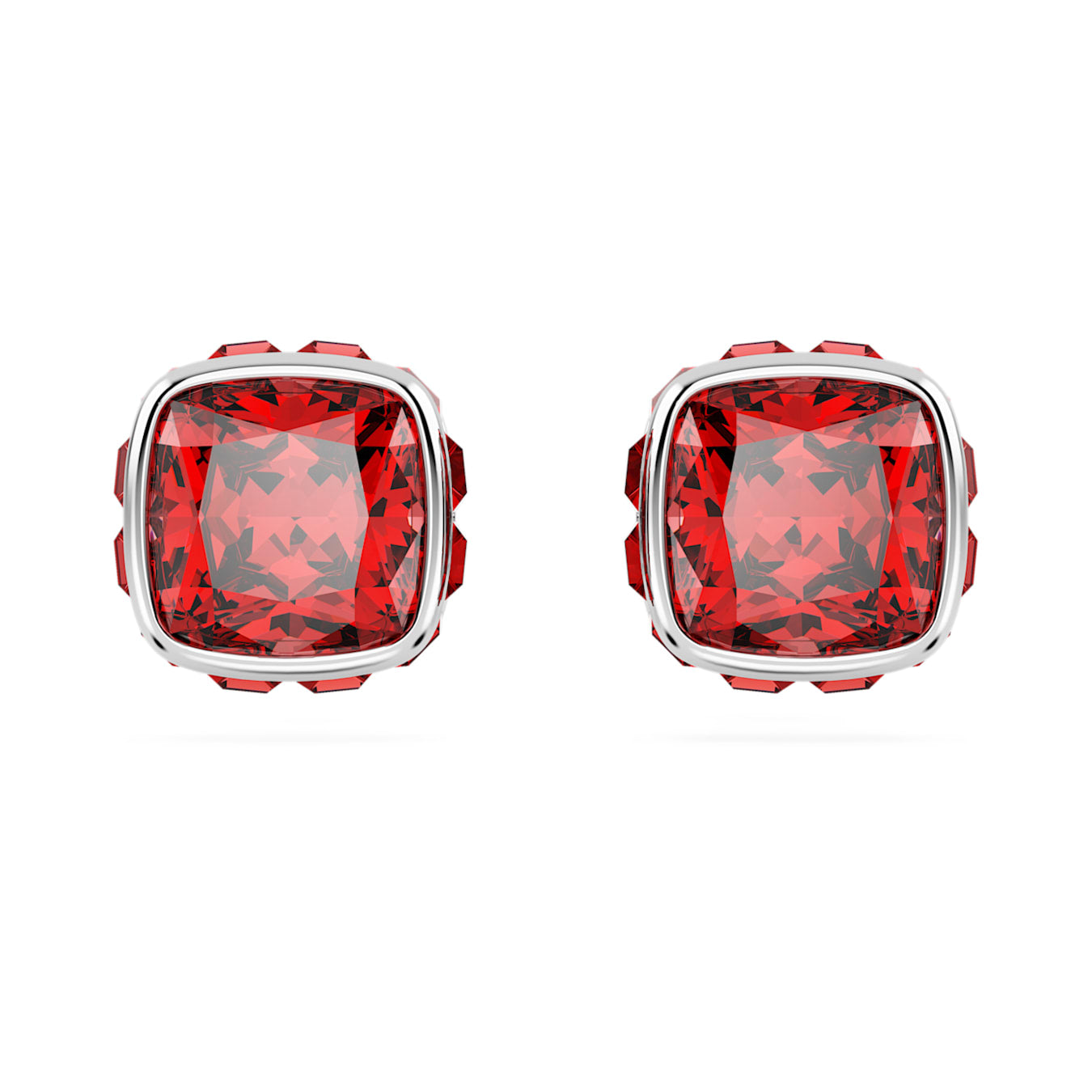 Pendientes de botón Birthstone, Talla cuadrada, Julio, Rojo, Baño en rodio
