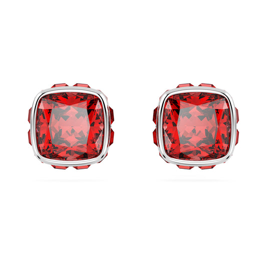 Pendientes de botón Birthstone, Talla cuadrada, Julio, Rojo, Baño en rodio
