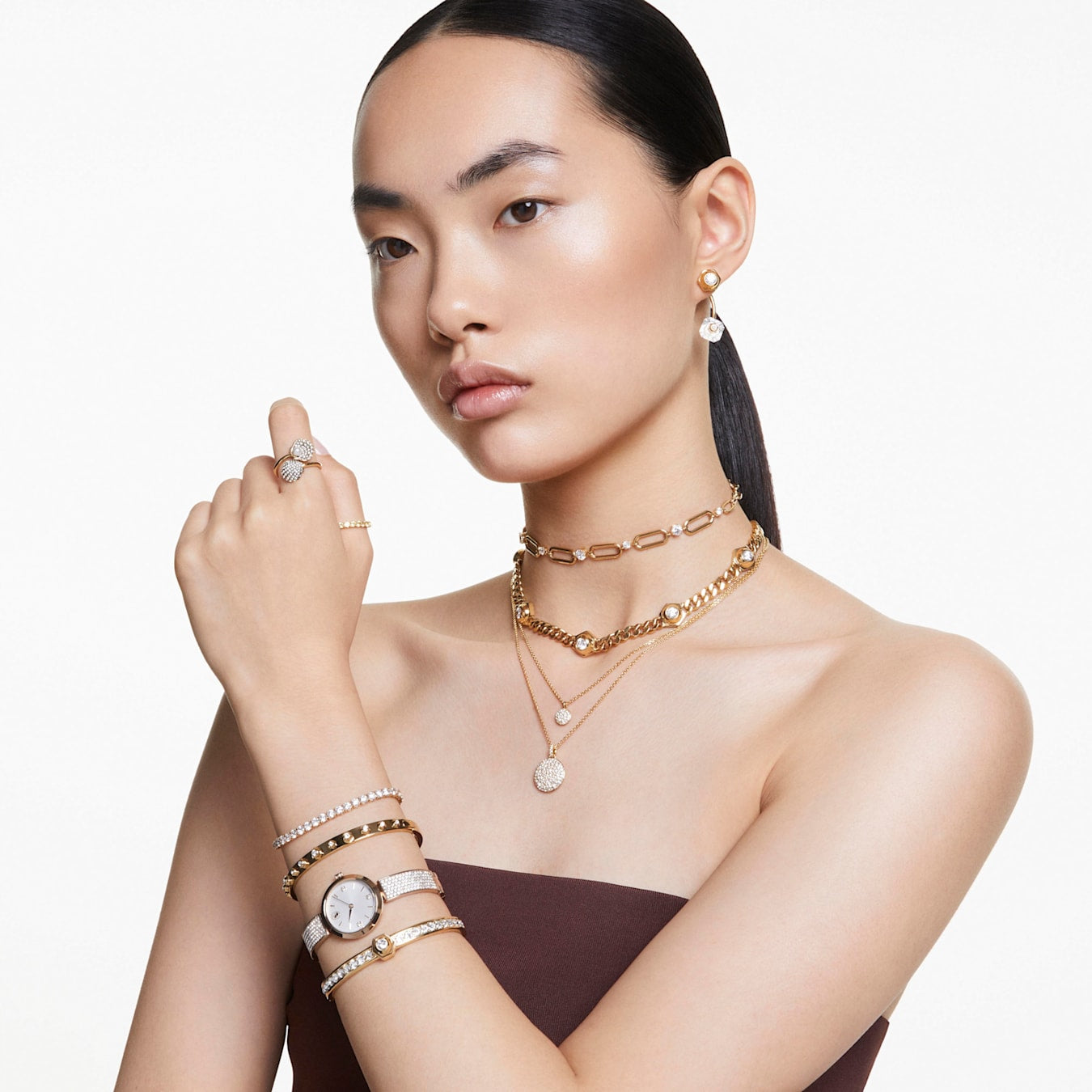 Brazalete Numina, Tallas redondas combinadas, Blanco, Baño tono oro