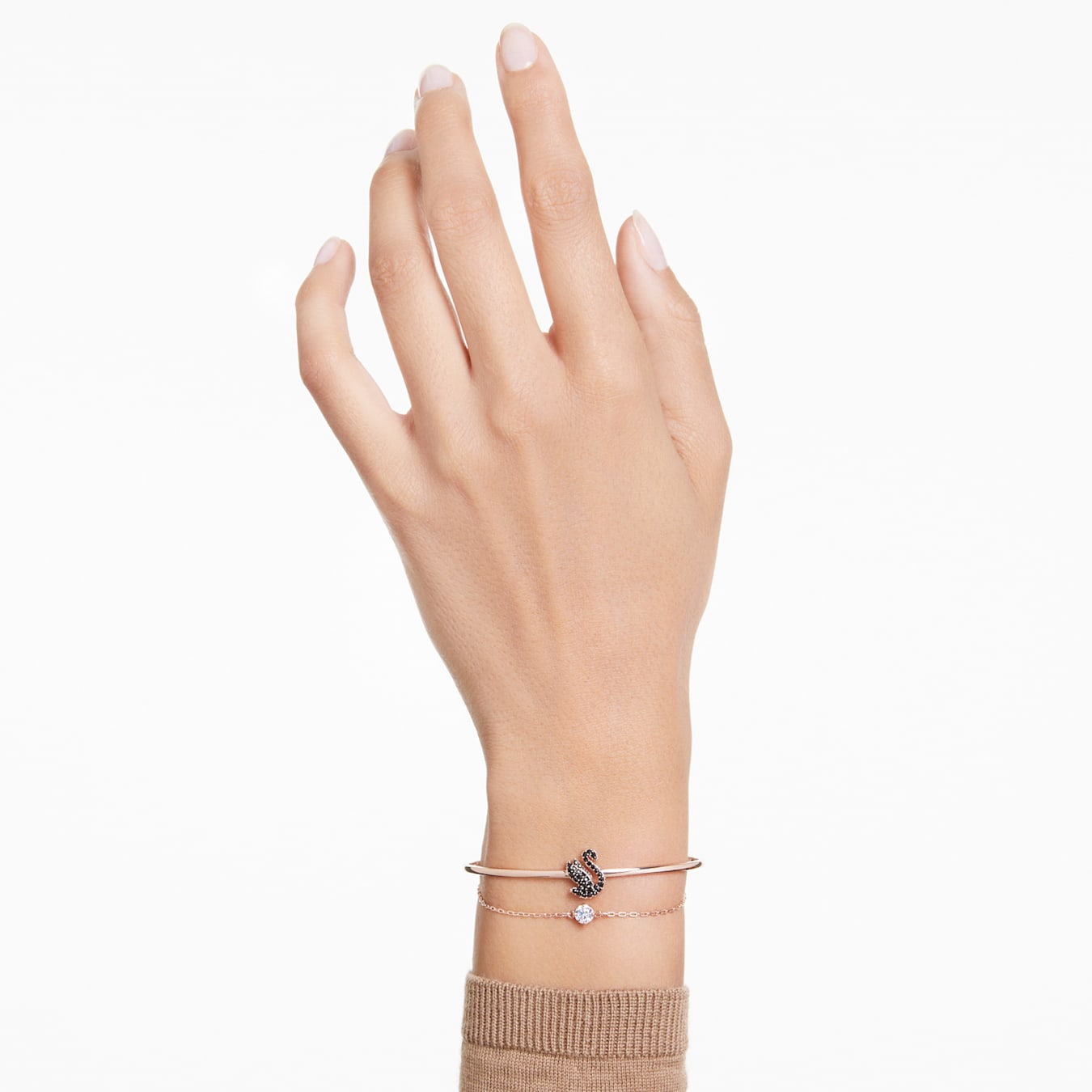 Brazalete Swarovski Iconic Swan, Cisne, Negro, Baño tono oro rosa