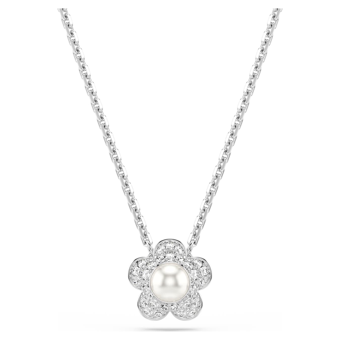 Colgante Ariana Grande x Swarovski Perla de cristal, Talla redonda, Flor, Blanco, Baño de rodio