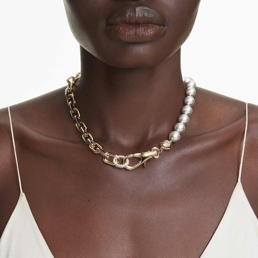 Collar Idyllia Perla de cristal, Blanco, Baño tono oro