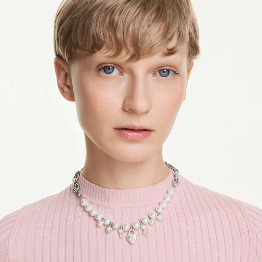 Collar Idyllia Perla de cristal, Tallas mixtas, Blanco, Baño de rodio