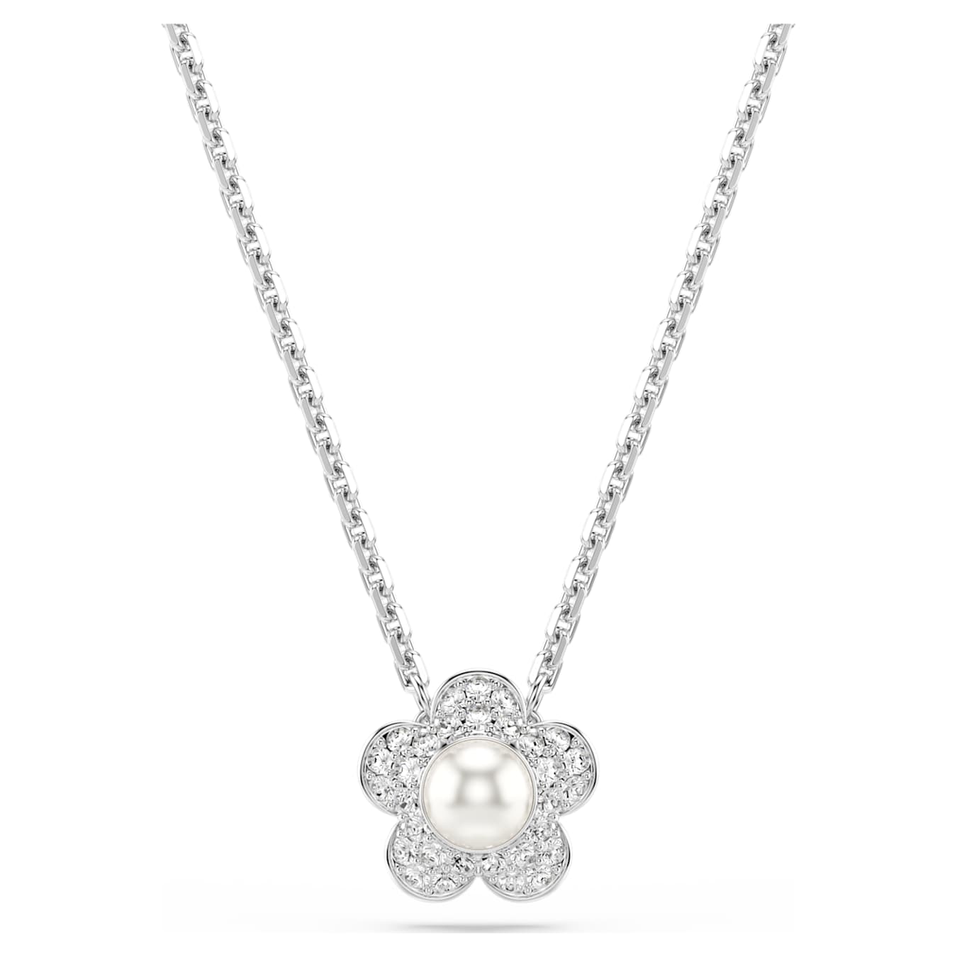 Nuevo Conjunto Ariana Grande x Swarovski Perla de cristal, Talla redonda, Flor, Blanco, Baño de rodio