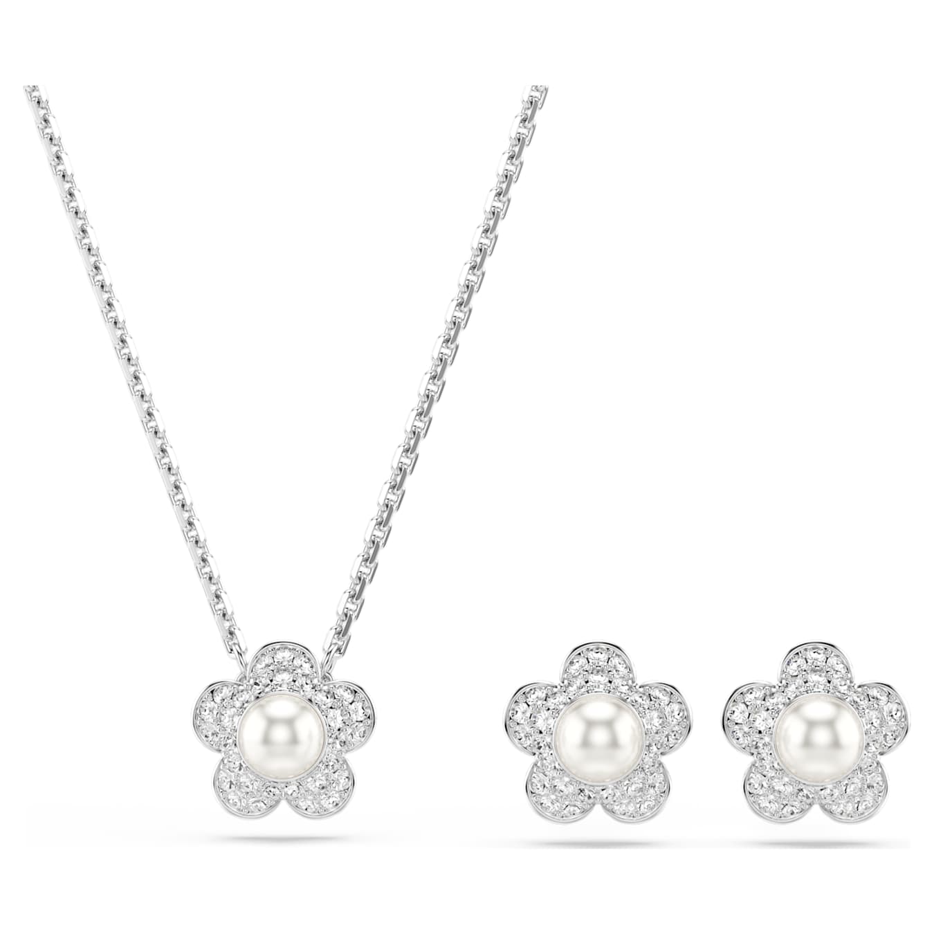 Nuevo Conjunto Ariana Grande x Swarovski Perla de cristal, Talla redonda, Flor, Blanco, Baño de rodio