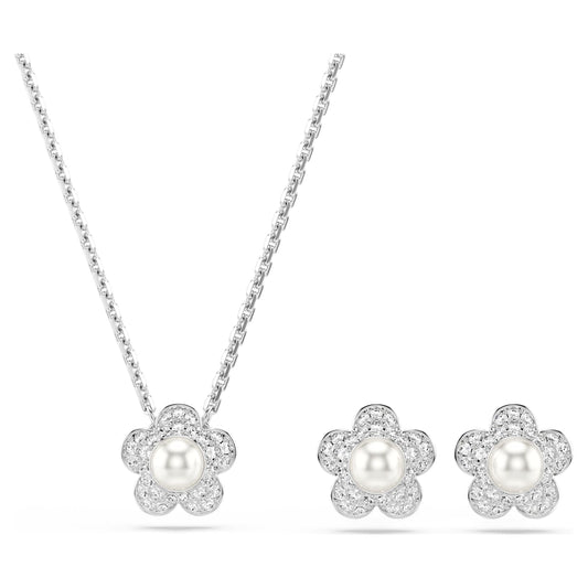 Nuevo Conjunto Ariana Grande x Swarovski Perla de cristal, Talla redonda, Flor, Blanco, Baño de rodio