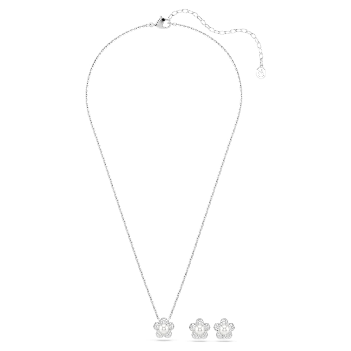 Nuevo Conjunto Ariana Grande x Swarovski Perla de cristal, Talla redonda, Flor, Blanco, Baño de rodio