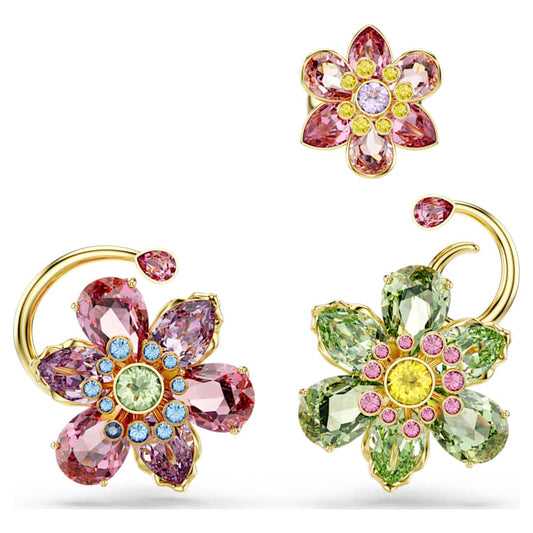 Pendiente ear cuff IdylliaSet (3), Diseño asimétrico, Tallas mixtas, Flor, Multicolor, Baño tono oro