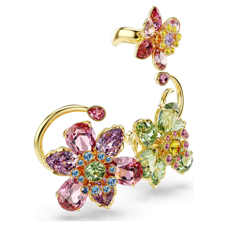 Pendiente ear cuff IdylliaSet (3), Diseño asimétrico, Tallas mixtas, Flor, Multicolor, Baño tono oro