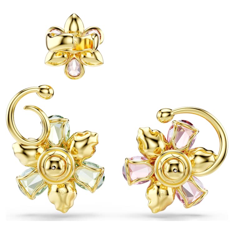 Pendiente ear cuff IdylliaSet (3), Diseño asimétrico, Tallas mixtas, Flor, Multicolor, Baño tono oro