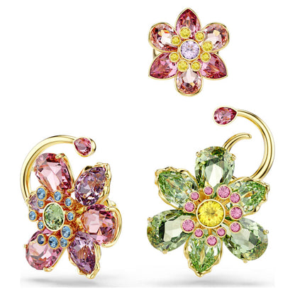 Pendiente ear cuff IdylliaSet (3), Diseño asimétrico, Tallas mixtas, Flor, Multicolor, Baño tono oro