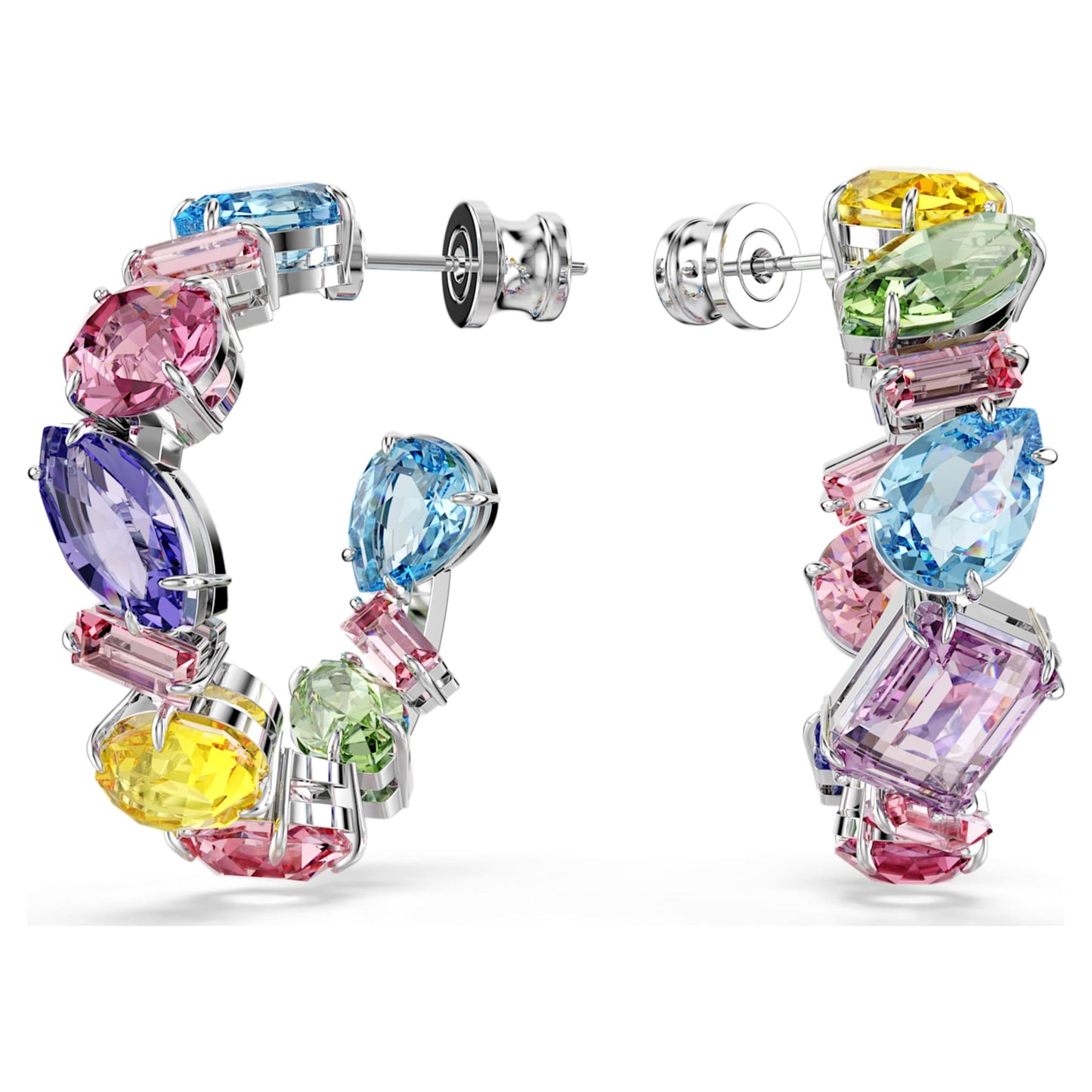 Pendientes de aro Gema, Diseño asimétrico, Tallas mixtas, Pequeños, Multicolores, Baño de rodio