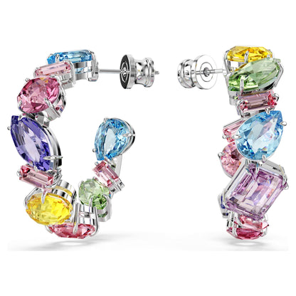 Pendientes de aro Gema, Diseño asimétrico, Tallas mixtas, Pequeños, Multicolores, Baño de rodio