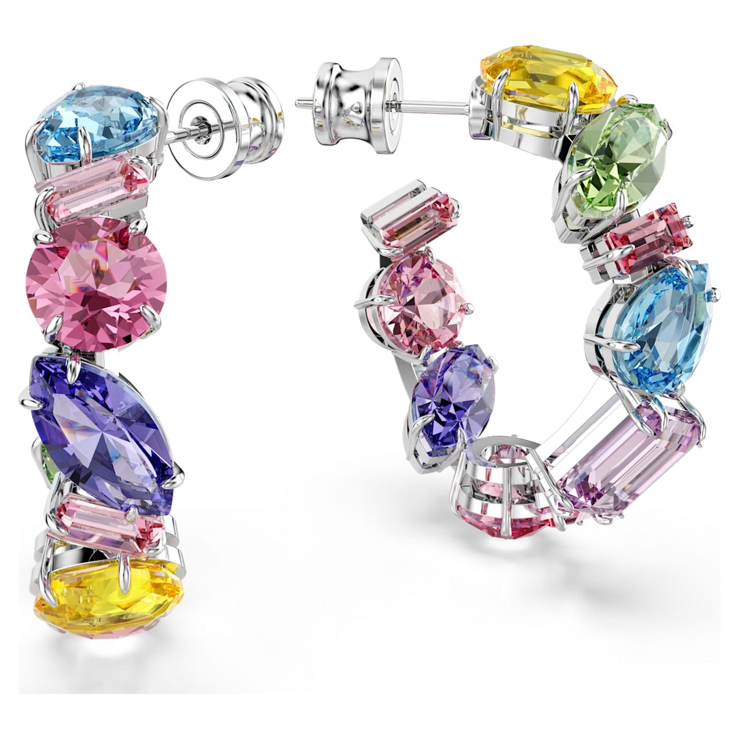 Pendientes de aro Gema, Diseño asimétrico, Tallas mixtas, Pequeños, Multicolores, Baño de rodio