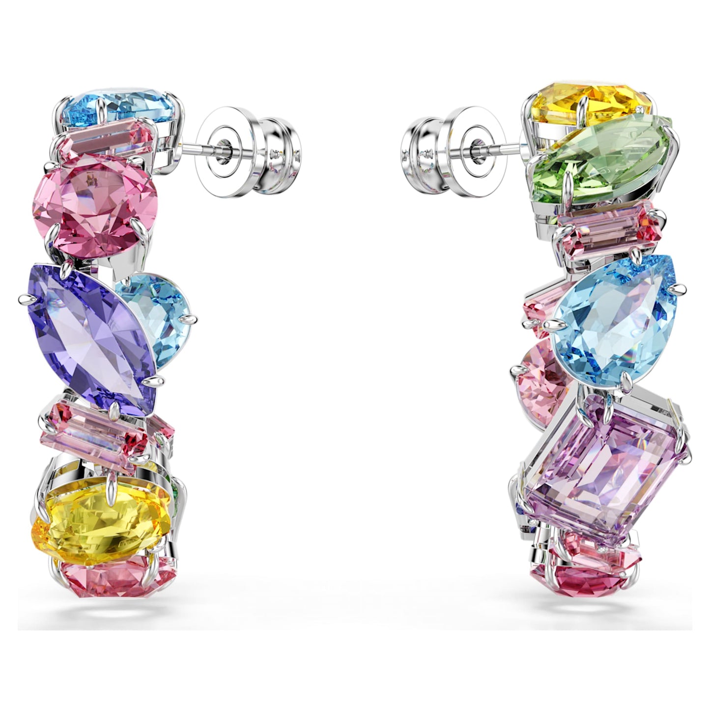 Pendientes de aro Gema, Diseño asimétrico, Tallas mixtas, Pequeños, Multicolores, Baño de rodio