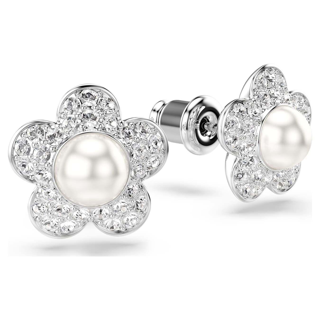 Pendientes de botón Ariana Grande x Swarovski Perla de cristal, Talla redonda, Flor, Blancos, Baño de rodio