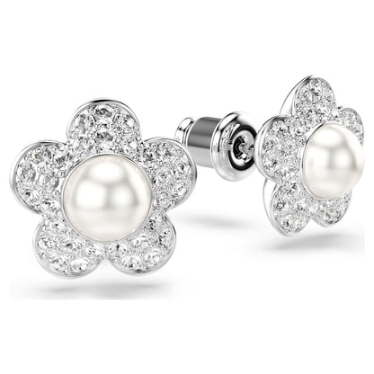Pendientes de botón Ariana Grande x Swarovski Perla de cristal, Talla redonda, Flor, Blancos, Baño de rodio
