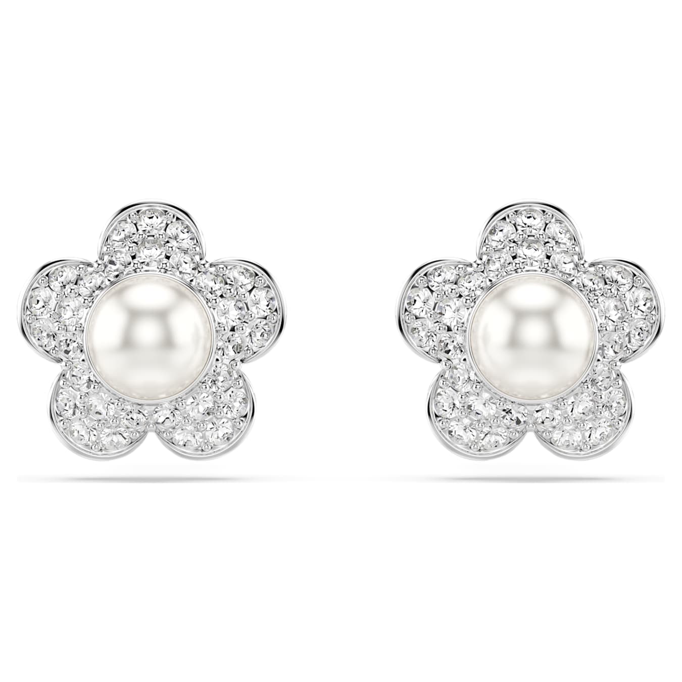 Pendientes de botón Ariana Grande x Swarovski Perla de cristal, Talla redonda, Flor, Blancos, Baño de rodio