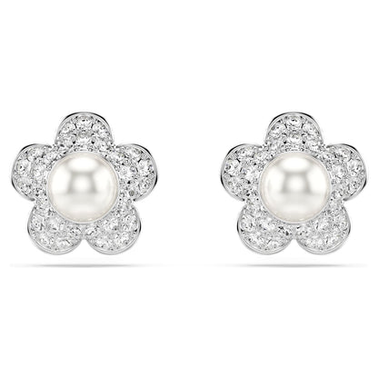 Pendientes de botón Ariana Grande x Swarovski Perla de cristal, Talla redonda, Flor, Blancos, Baño de rodio