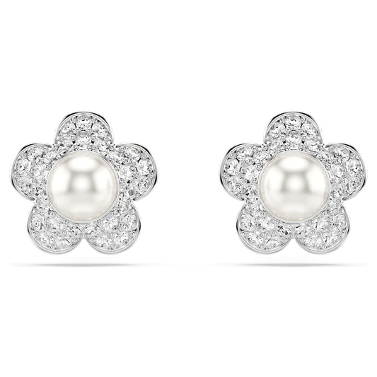 Pendientes de botón Ariana Grande x Swarovski Perla de cristal, Talla redonda, Flor, Blancos, Baño de rodio