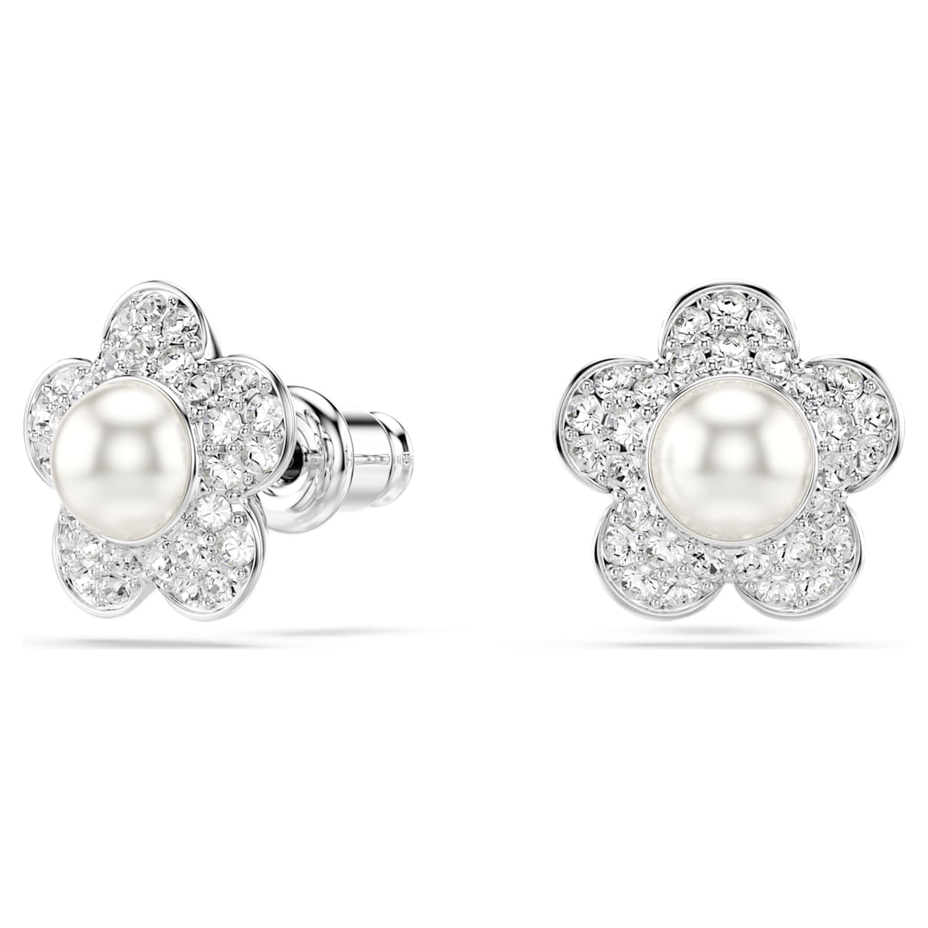 Pendientes de botón Ariana Grande x Swarovski Perla de cristal, Talla redonda, Flor, Blancos, Baño de rodio