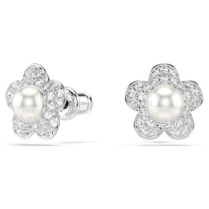 Pendientes de botón Ariana Grande x Swarovski Perla de cristal, Talla redonda, Flor, Blancos, Baño de rodio