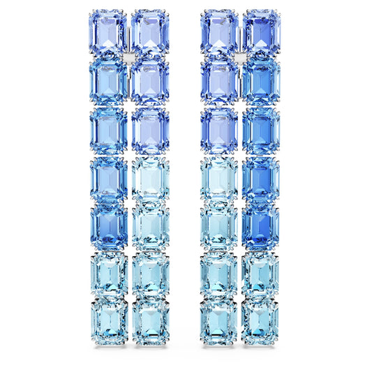 Pendientes de clip Millenia, Talla octogonal, Degradado de color, Largos, Azules, Baño de rodio