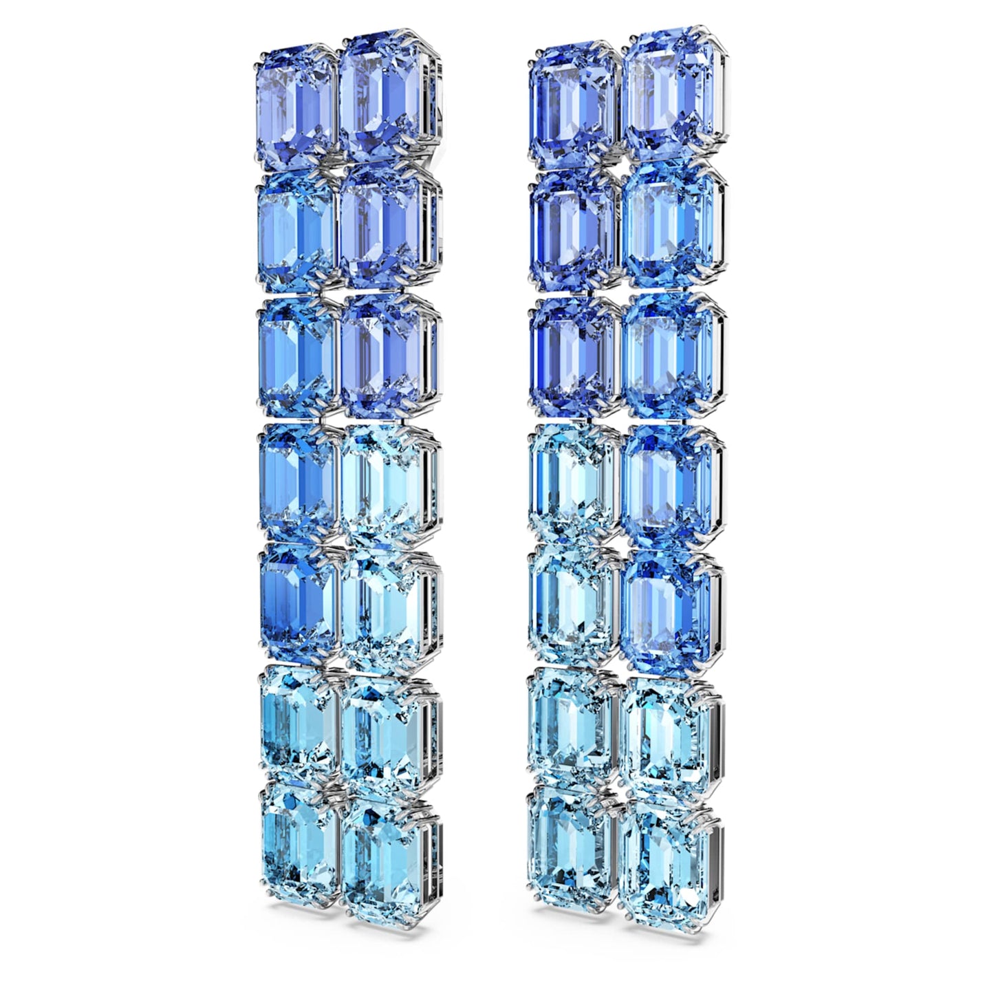 Pendientes de clip Millenia, Talla octogonal, Degradado de color, Largos, Azules, Baño de rodio