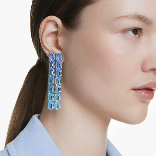 Pendientes de clip Millenia, Talla octogonal, Degradado de color, Largos, Azules, Baño de rodio