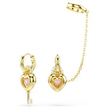 Pendientes de gota con pendiente ear cuff IdylliaTallas mixtas, Corazón con llave, Rosa, Baño tono oro