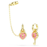 Pendientes de gota con pendiente ear cuff IdylliaTallas mixtas, Corazón con llave, Rosa, Baño tono oro