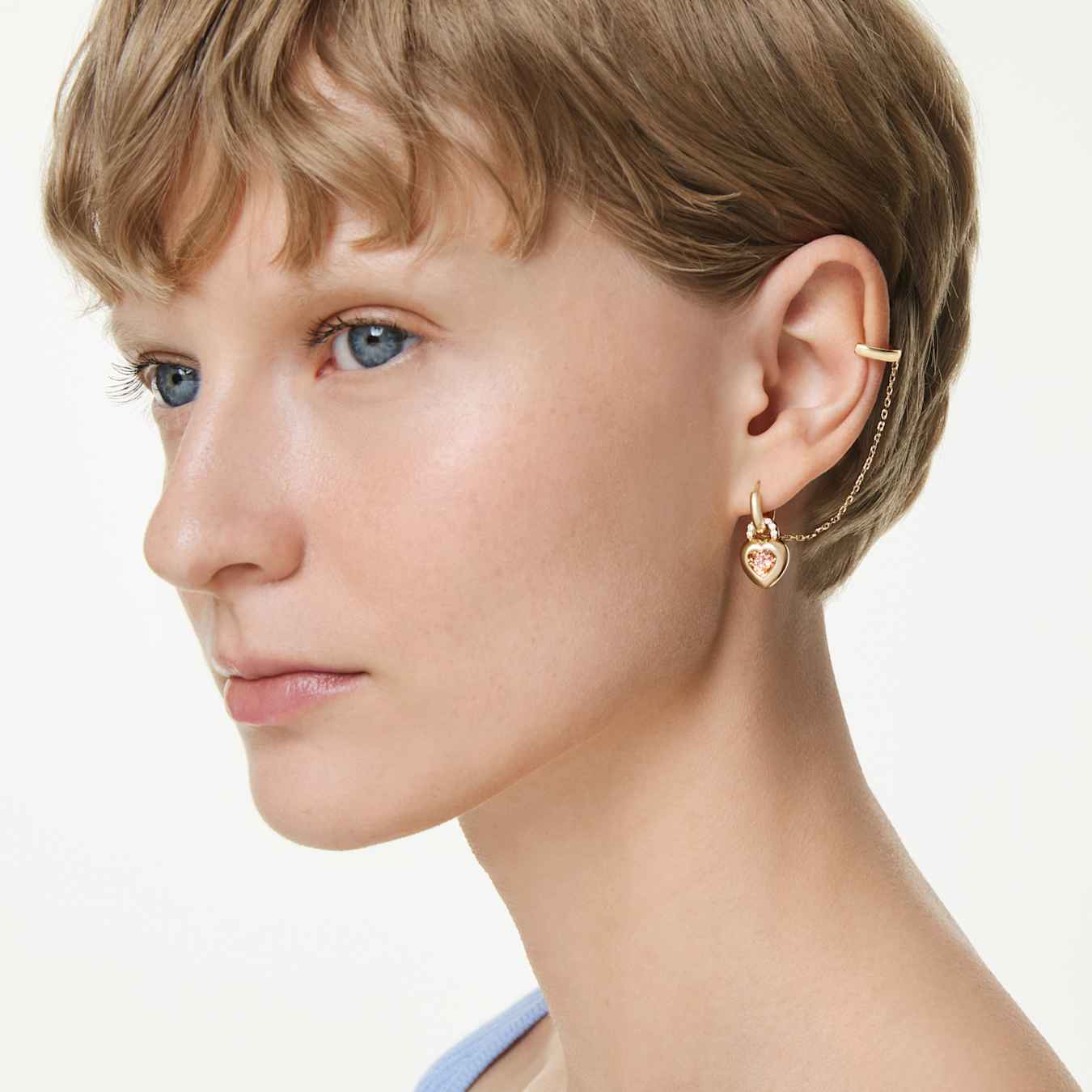 Pendientes de gota con pendiente ear cuff IdylliaTallas mixtas, Corazón con llave, Rosa, Baño tono oro