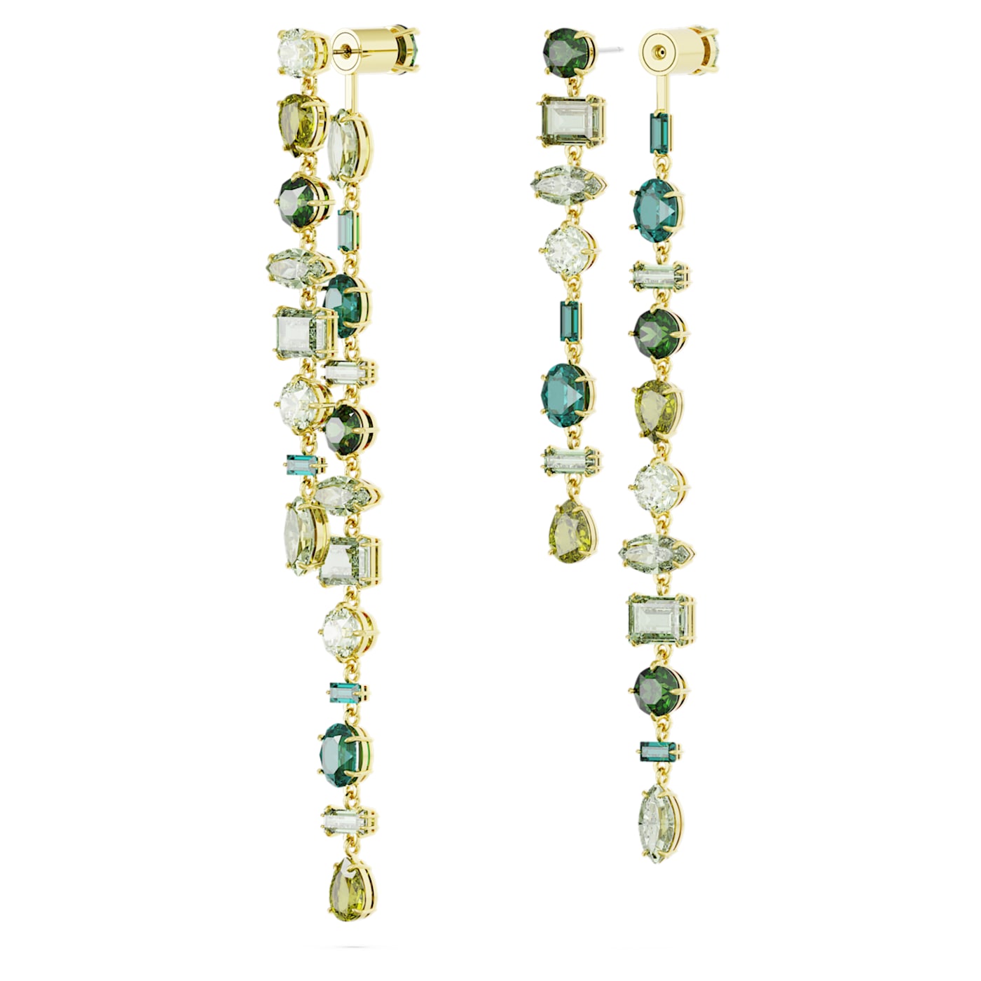 Pendientes Gema, Diseño asimétrico, Tallas mixtas, Extralargos, Verdes, Baño tono oro