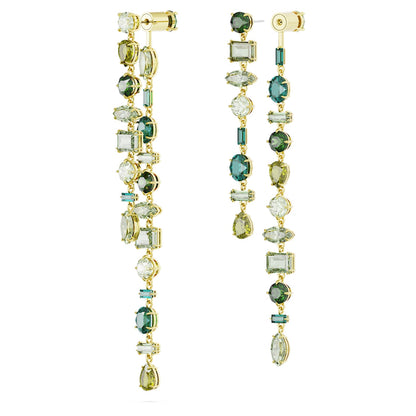 Pendientes Gema, Diseño asimétrico, Tallas mixtas, Extralargos, Verdes, Baño tono oro