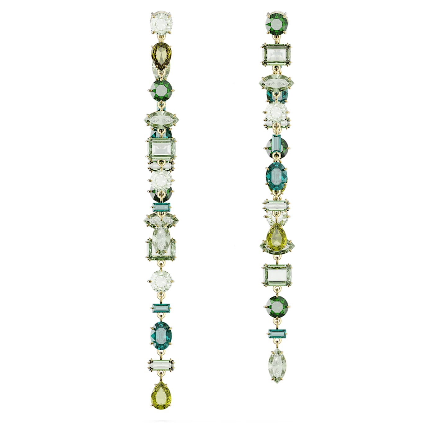 Pendientes Gema, Diseño asimétrico, Tallas mixtas, Extralargos, Verdes, Baño tono oro