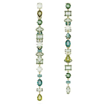 Pendientes Gema, Diseño asimétrico, Tallas mixtas, Extralargos, Verdes, Baño tono oro