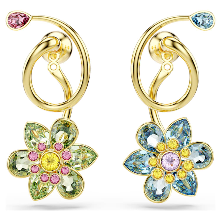 Pendientes Idyllia Diseño asimétrico, Tallas mixtas, Flor, Multicolores, Baño tono oro