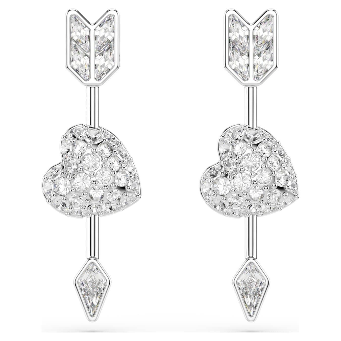 Pendientes Idyllia Tallas mixtas, Corazón con flecha, Blancos, Baño de rodio