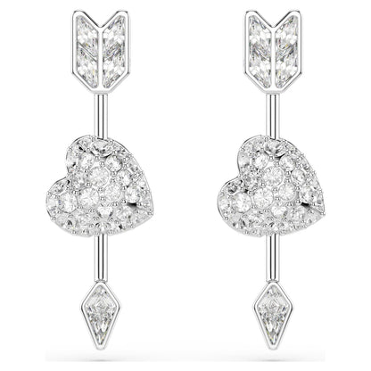 Pendientes Idyllia Tallas mixtas, Corazón con flecha, Blancos, Baño de rodio