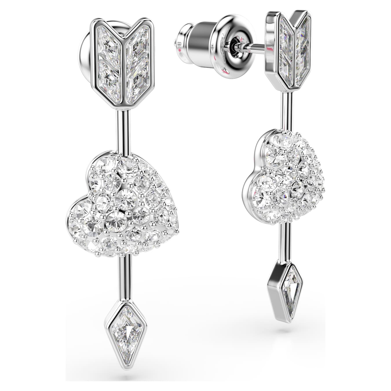 Pendientes Idyllia Tallas mixtas, Corazón con flecha, Blancos, Baño de rodio