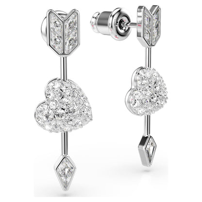 Pendientes Idyllia Tallas mixtas, Corazón con flecha, Blancos, Baño de rodio