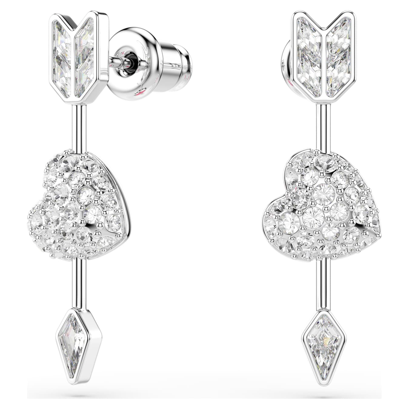 Pendientes Idyllia Tallas mixtas, Corazón con flecha, Blancos, Baño de rodio