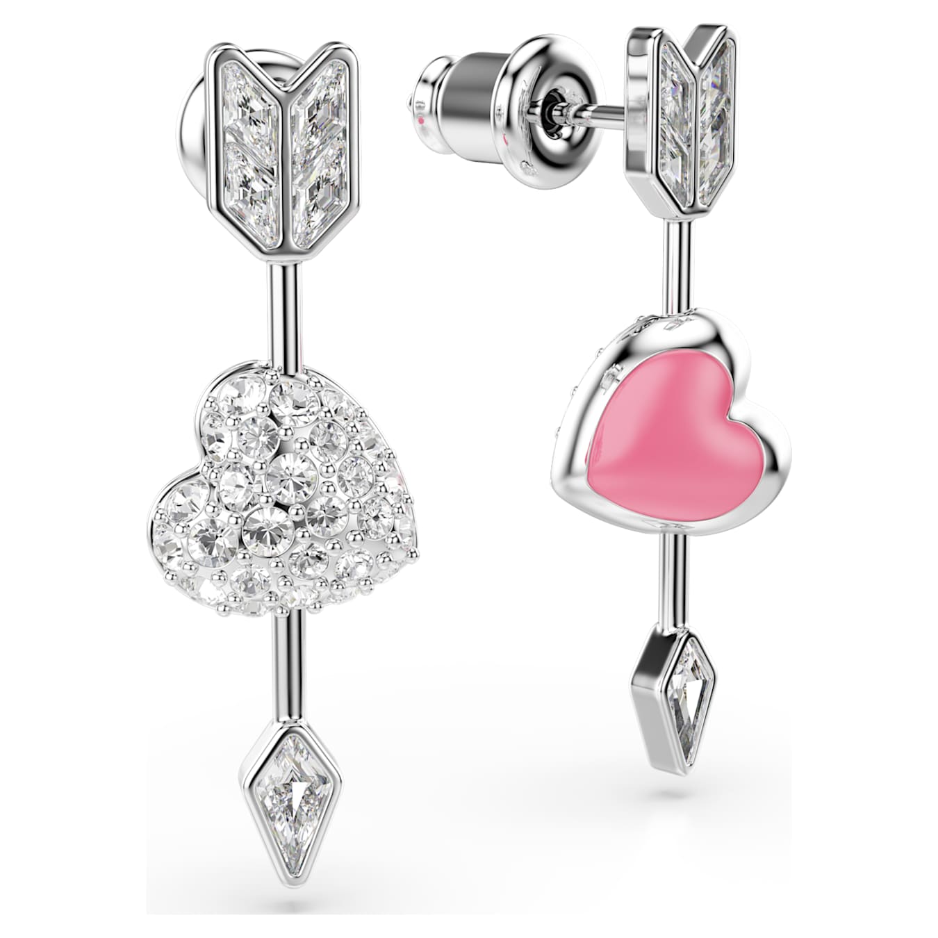 Pendientes Idyllia Tallas mixtas, Corazón con flecha, Blancos, Baño de rodio