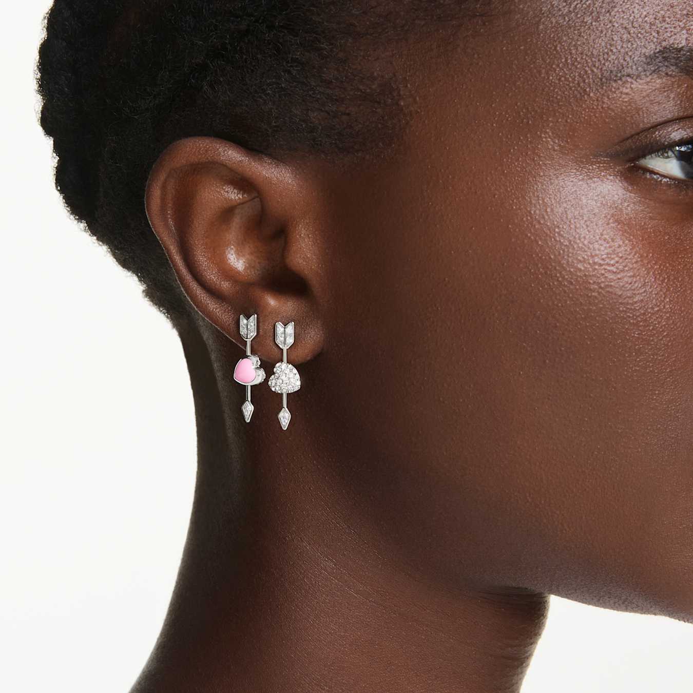 Pendientes Idyllia Tallas mixtas, Corazón con flecha, Blancos, Baño de rodio
