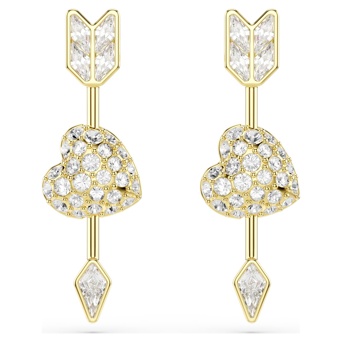 Pendientes Idyllia Tallas mixtas, Corazón con flecha, Blancos, Baño tono oro