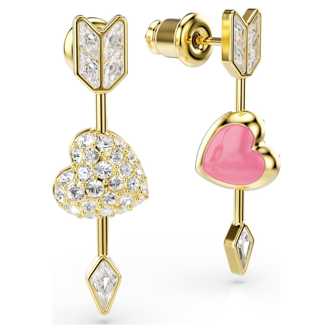 Pendientes Idyllia Tallas mixtas, Corazón con flecha, Blancos, Baño tono oro