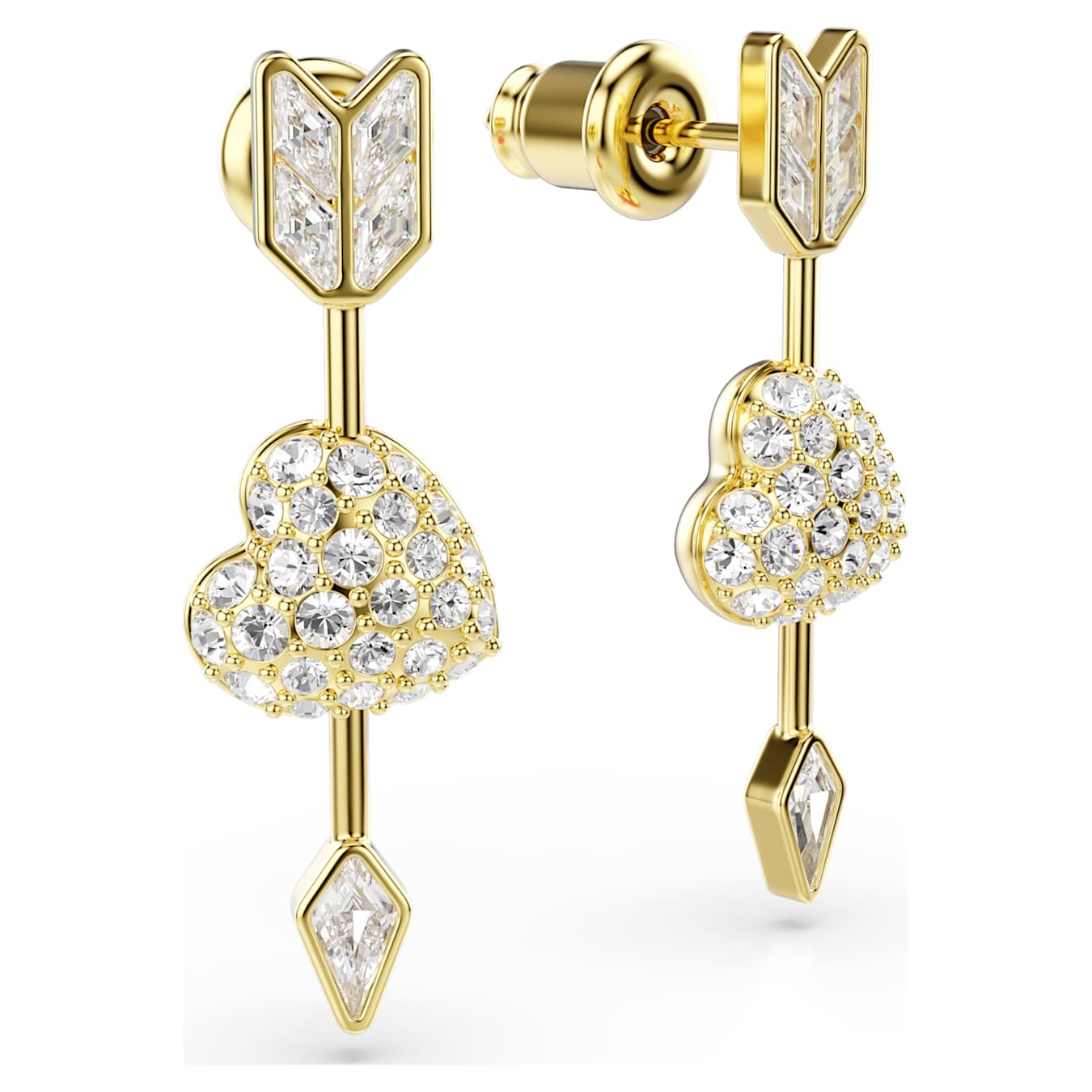 Pendientes Idyllia Tallas mixtas, Corazón con flecha, Blancos, Baño tono oro
