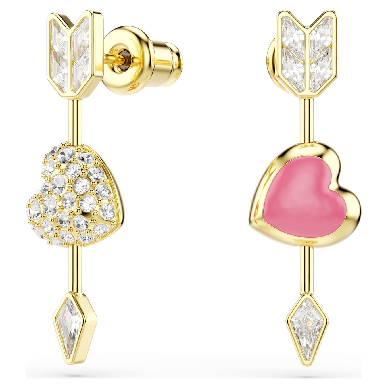 Pendientes Idyllia Tallas mixtas, Corazón con flecha, Blancos, Baño tono oro