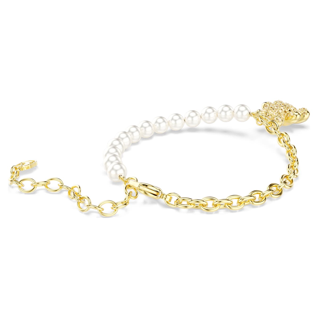 Pulsera Idyllia Perla de cristal, Talla redonda, Osito, Tono dorado, Baño tono oro