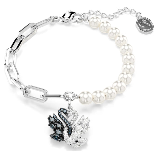 Pulsera Swan Perla de cristal, Cisne, Negra, Baño de rodio